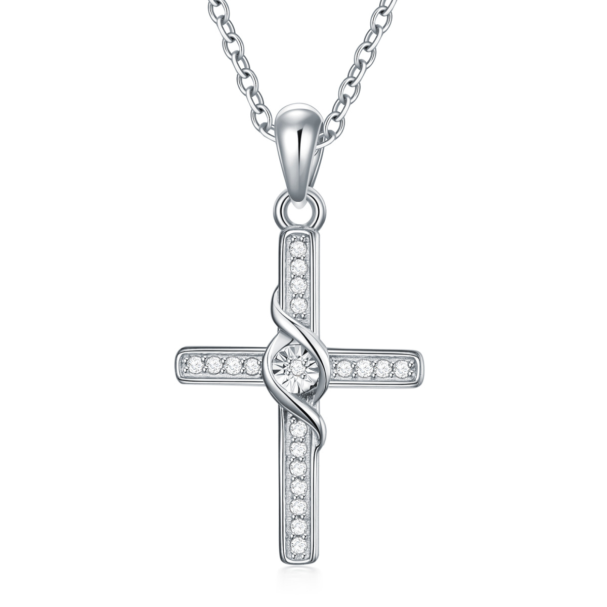 Sterling Silver Diamond Ivy & Cross Pendant Necklace-1