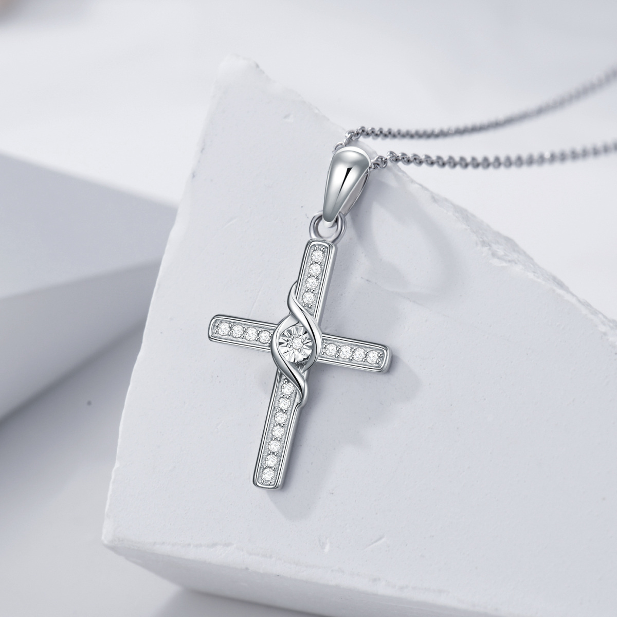 Sterling Silver Diamond Ivy & Cross Pendant Necklace-2