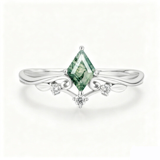 Sterling Silver Diamond Shape Moss Agate Engagement Ring