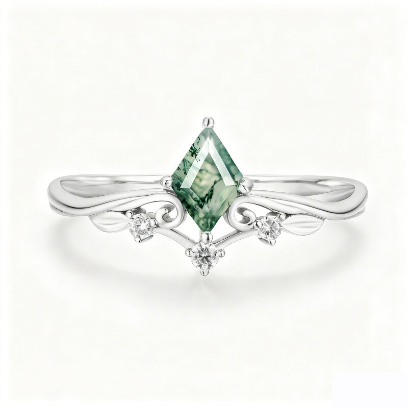 Sterling Silver Diamond Shape Moss Agate Engagement Ring-1