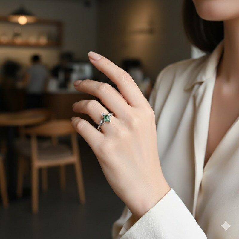 Sterling Silver Diamond Shape Moss Agate Engagement Ring-2