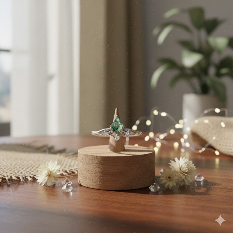 Sterling Silver Diamond Shape Moss Agate Engagement Ring-3