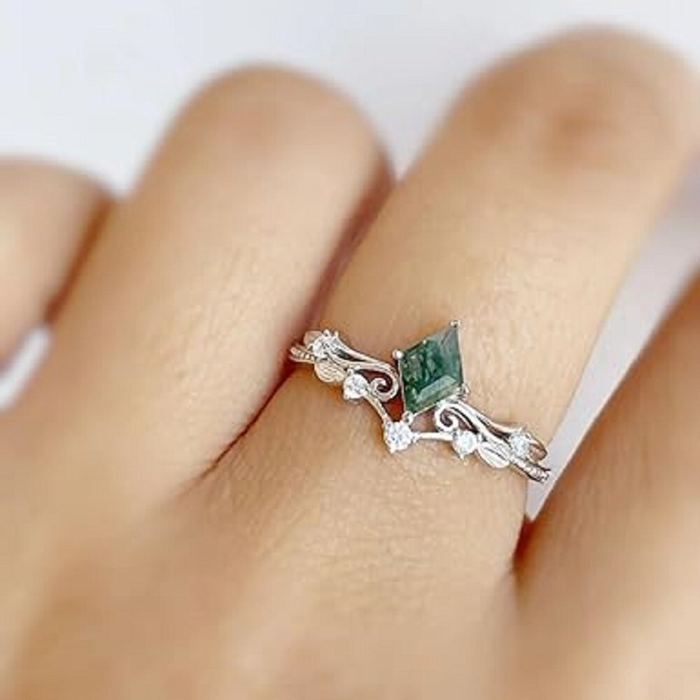 Sterling Silver Diamond Shape Moss Agate Engagement Ring-2