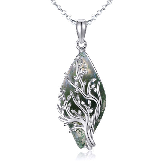 Collier en argent sterling avec pendentif arbre de vie en agate mousse en forme de diamant