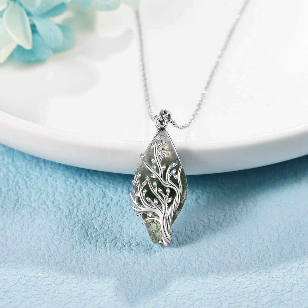 Sterling Silver Diamond Shaped Moss Agate Tree Of Life Pendant Necklace-3