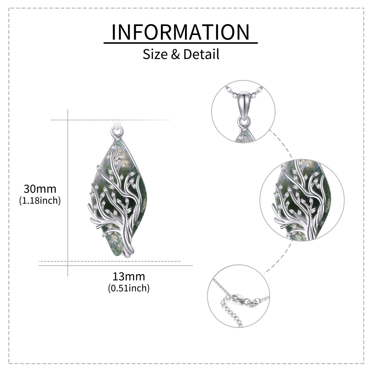 Sterling Silver Diamond Shaped Moss Agate Tree Of Life Pendant Necklace-5