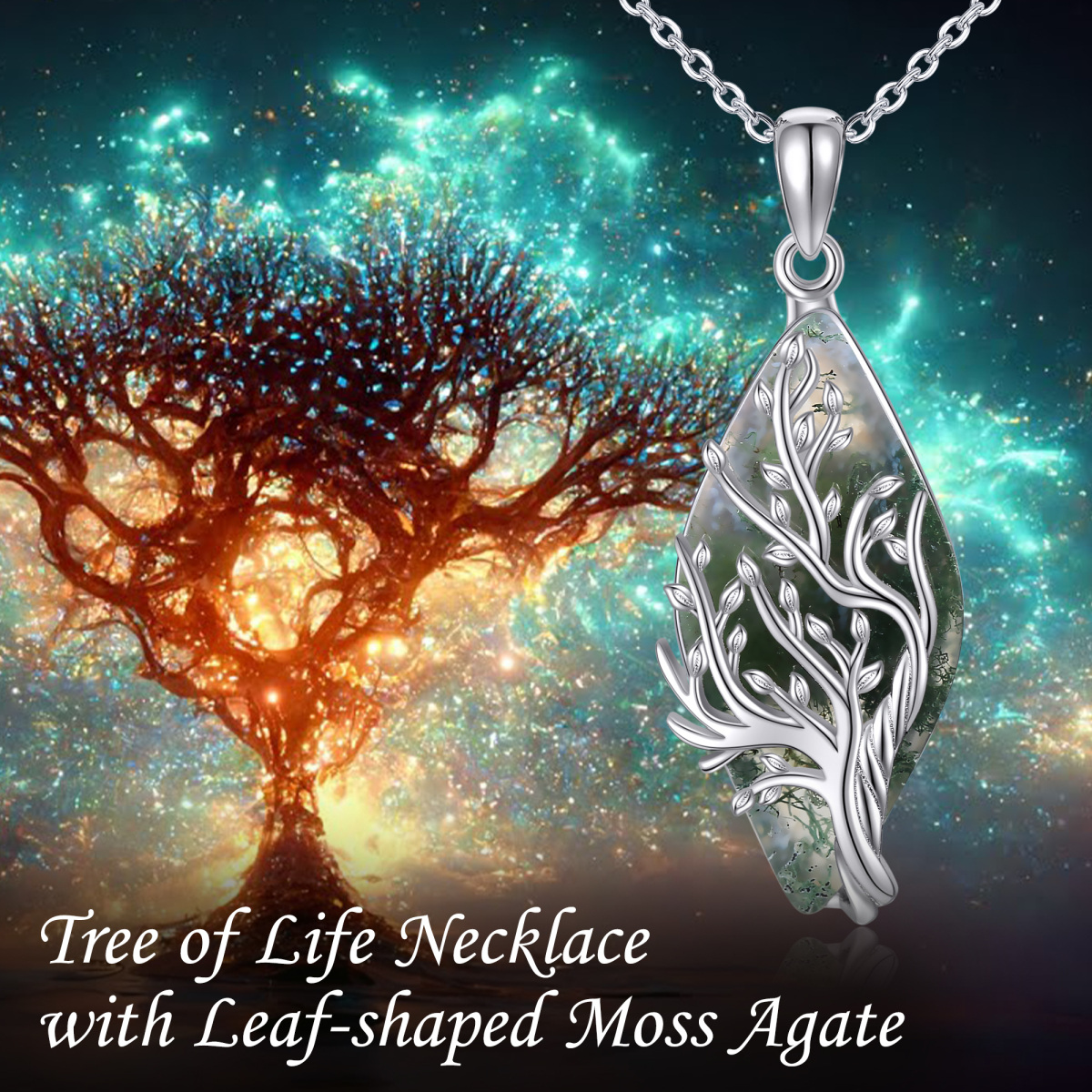 Sterling Silver Diamond Shaped Moss Agate Tree Of Life Pendant Necklace-6