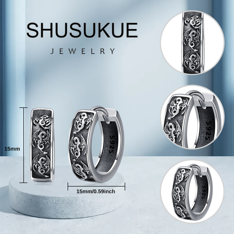 Brincos de prata esterlina com argola de dinossauro para homem-6