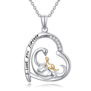 Sterling Silver Cubic Zirconia Dinosaur Mom & Baby Heart Pendant Necklace with Engraved Word-26