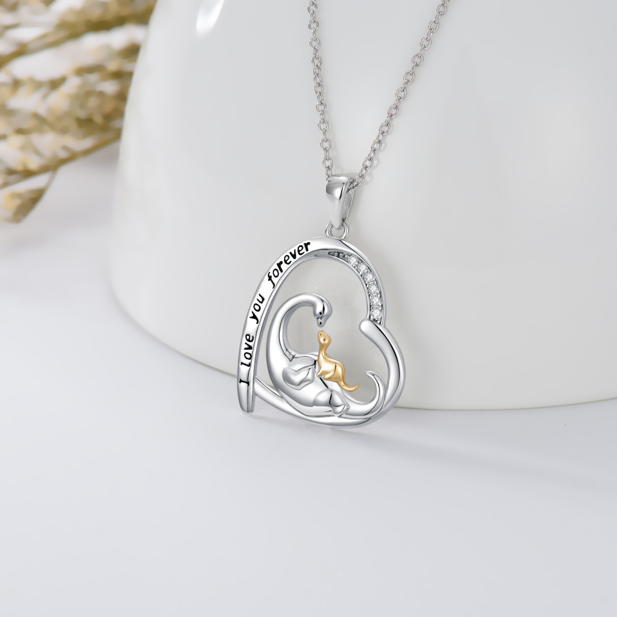 Sterling Silver Cubic Zirconia Dinosaur Mom & Baby Heart Pendant Necklace with Engraved Word-3