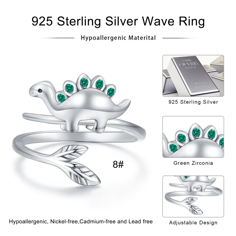 Bague ouverte dinosaure en argent sterling et oxyde de zirconium-5