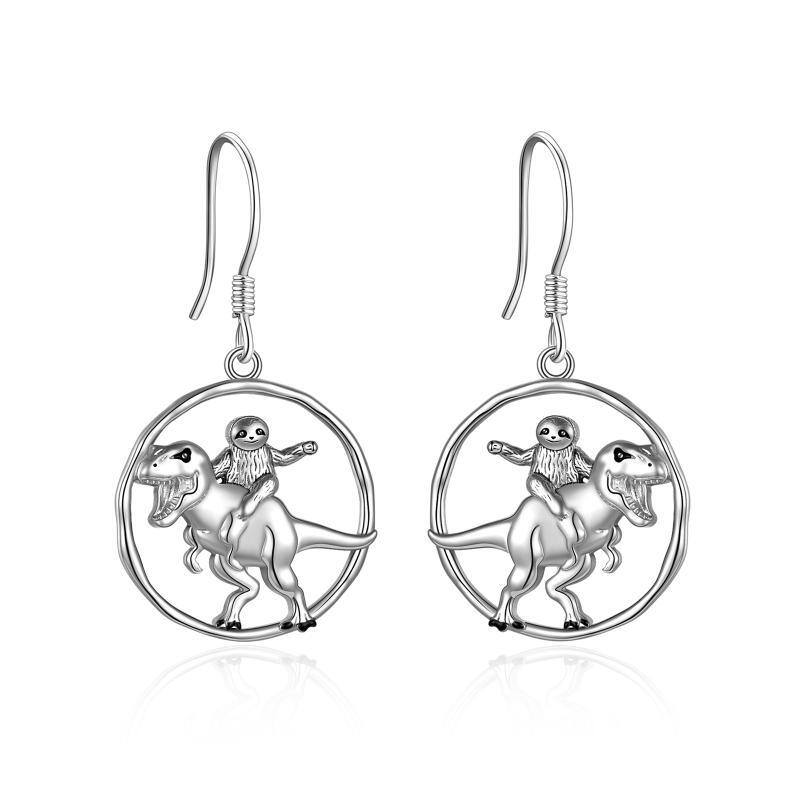 Sterling Silver Dinosaur & Sloth & Round Drop Earrings-1