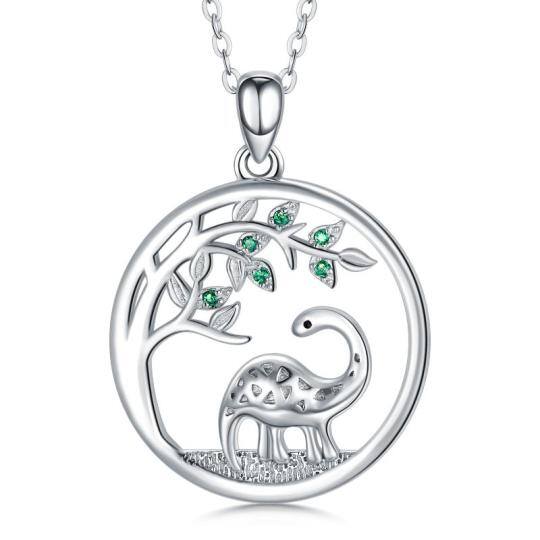 Sterling Silver Cubic Zirconia Dinosaur & Tree Of Life Pendant Necklace