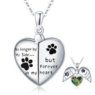 Sterling Silver Dog Cat Paw Personalized Photo Locket Necklace with Engraved Word-45