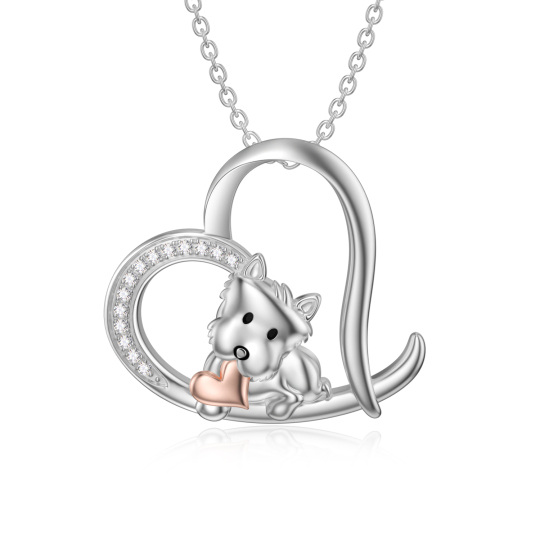 Collier en argent sterling avec pendentif chien et coeur en zircon cubique