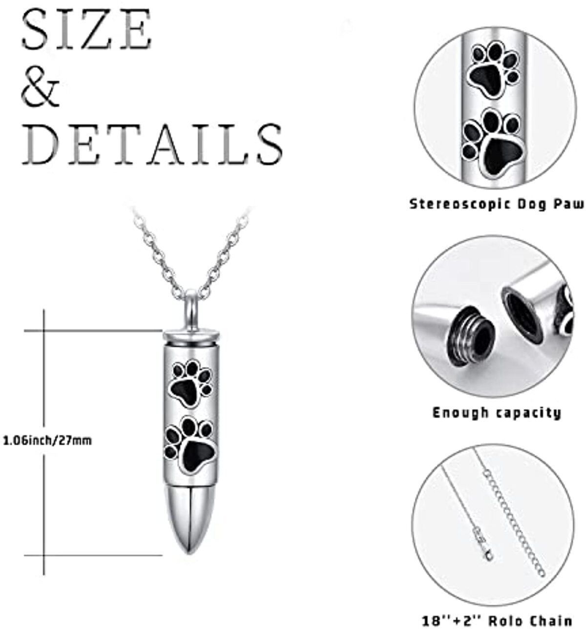 Sterling Silver Dog Paw Bullet Urn Necklace For Ashes For Men-6