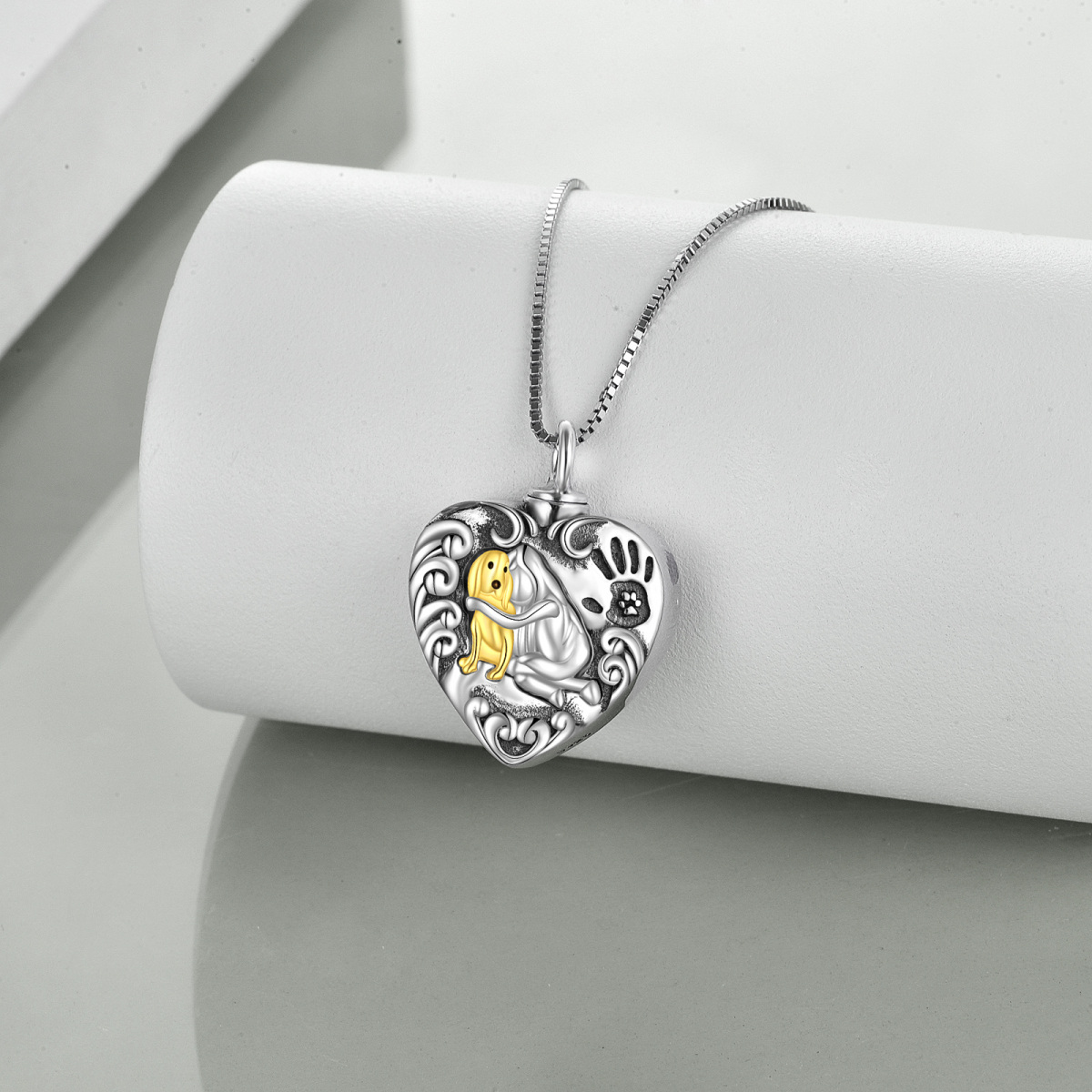 Collar de plata de ley con forma de pata de perro y urna de corazón para cenizas para mujer-4