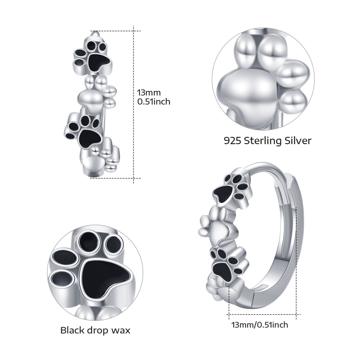 Pendientes de aro de plata de ley Perro y pata-6