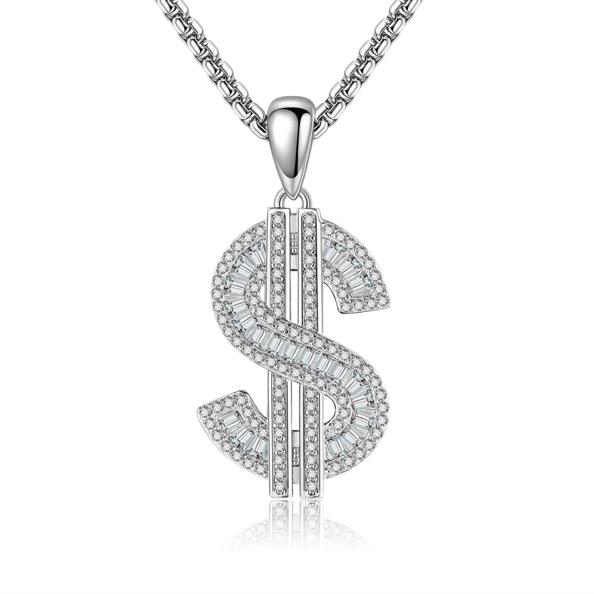 Sterling Silver Cubic Zirconia Dollar Pendant Necklace for Men-1