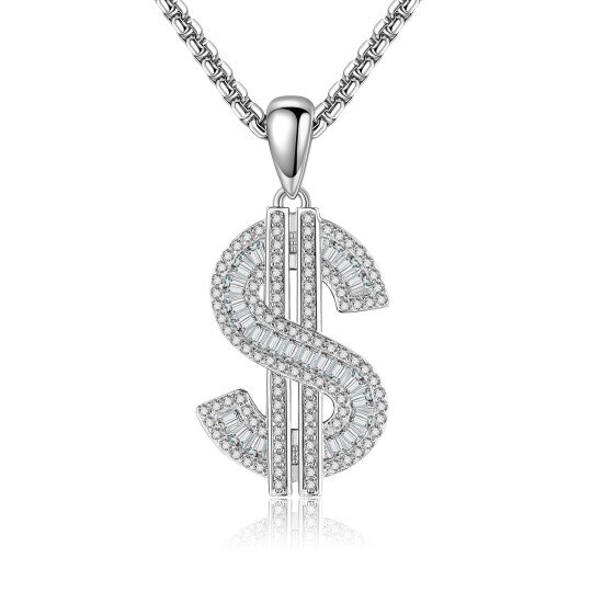 Sterling Silver Cubic Zirconia Dollar Pendant Necklace for Men