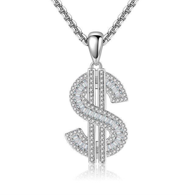 Sterling Silver Cubic Zirconia Dollar Pendant Necklace for Men-1