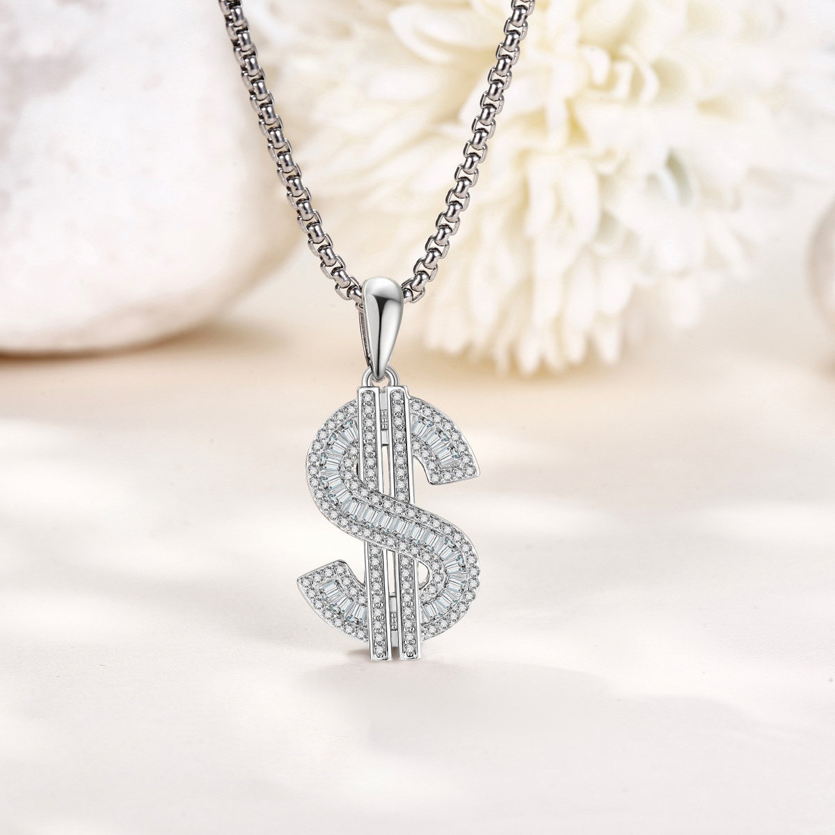 Sterling Silver Cubic Zirconia Dollar Pendant Necklace for Men-3