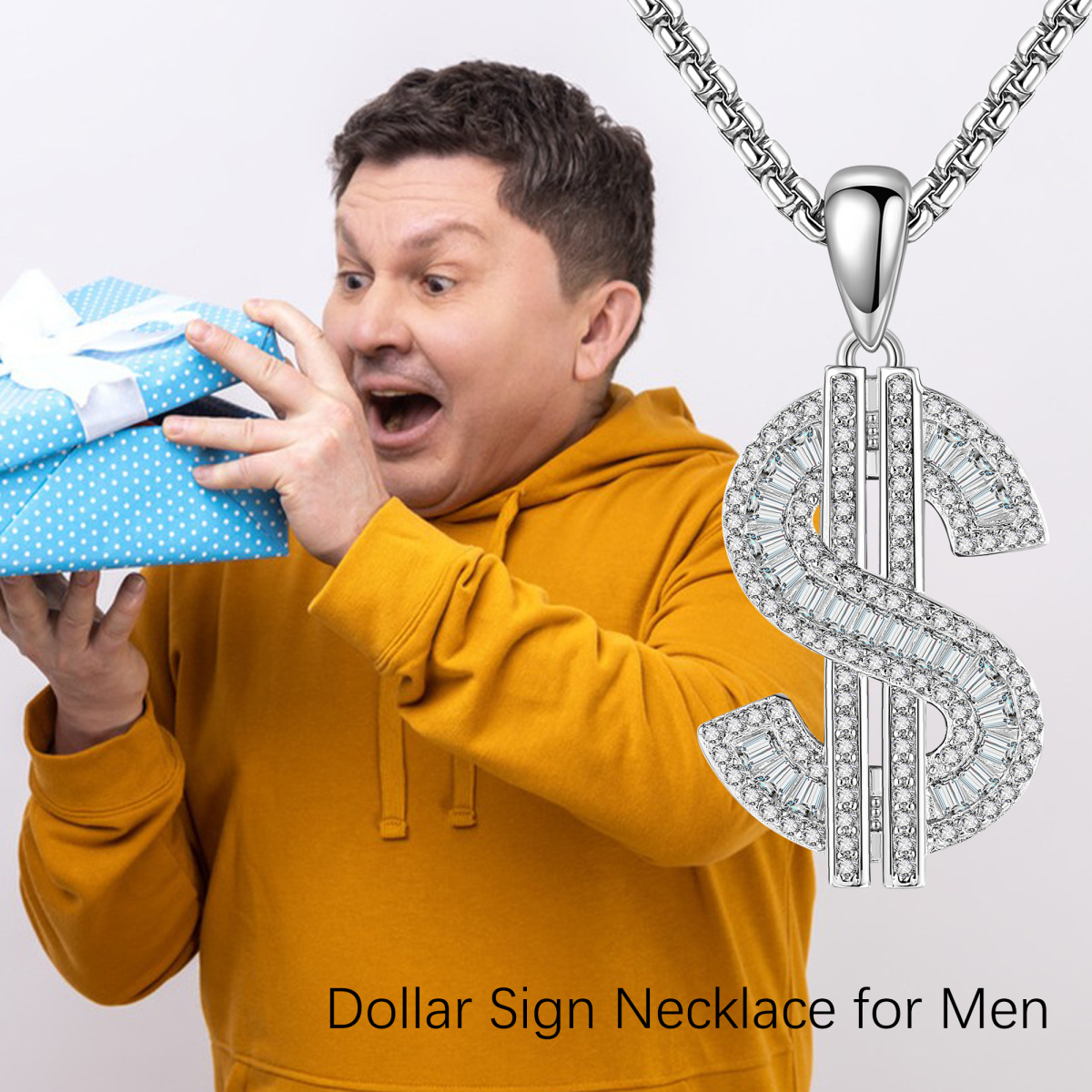 Collar de plata de ley de circonio cúbico dólar colgante para los hombres-5