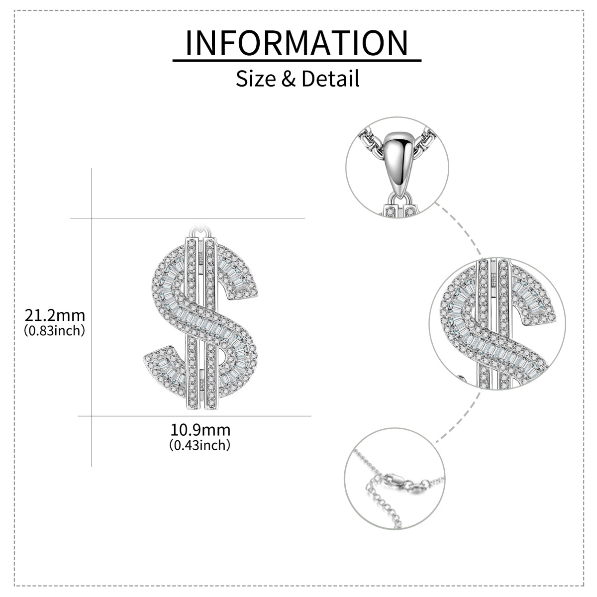 Collar de plata de ley de circonio cúbico dólar colgante para los hombres-6