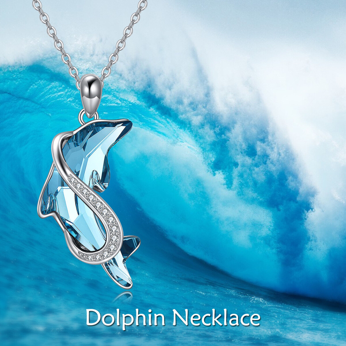 Sterling Silver Dolphin Blue Crystal Pendant Necklace-3