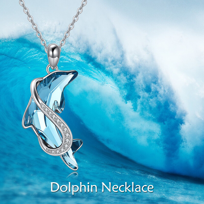 Sterling Silver Dolphin Blue Crystal Pendant Necklace-3