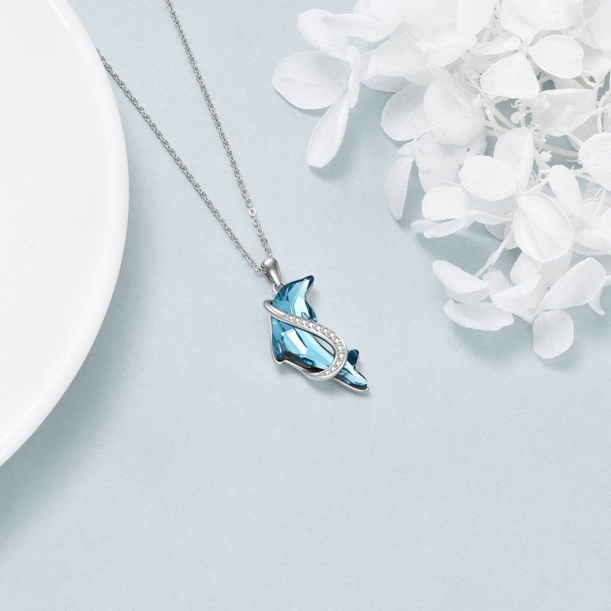 Sterling Silver Dolphin Blue Crystal Pendant Necklace-4