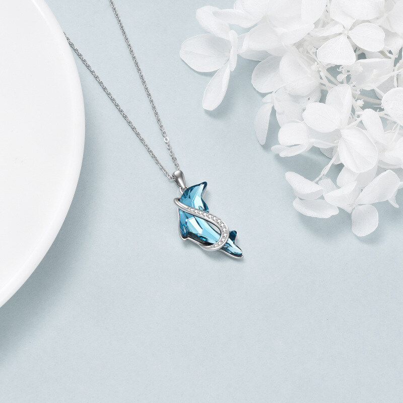 Sterling Silver Dolphin Blue Crystal Pendant Necklace-4