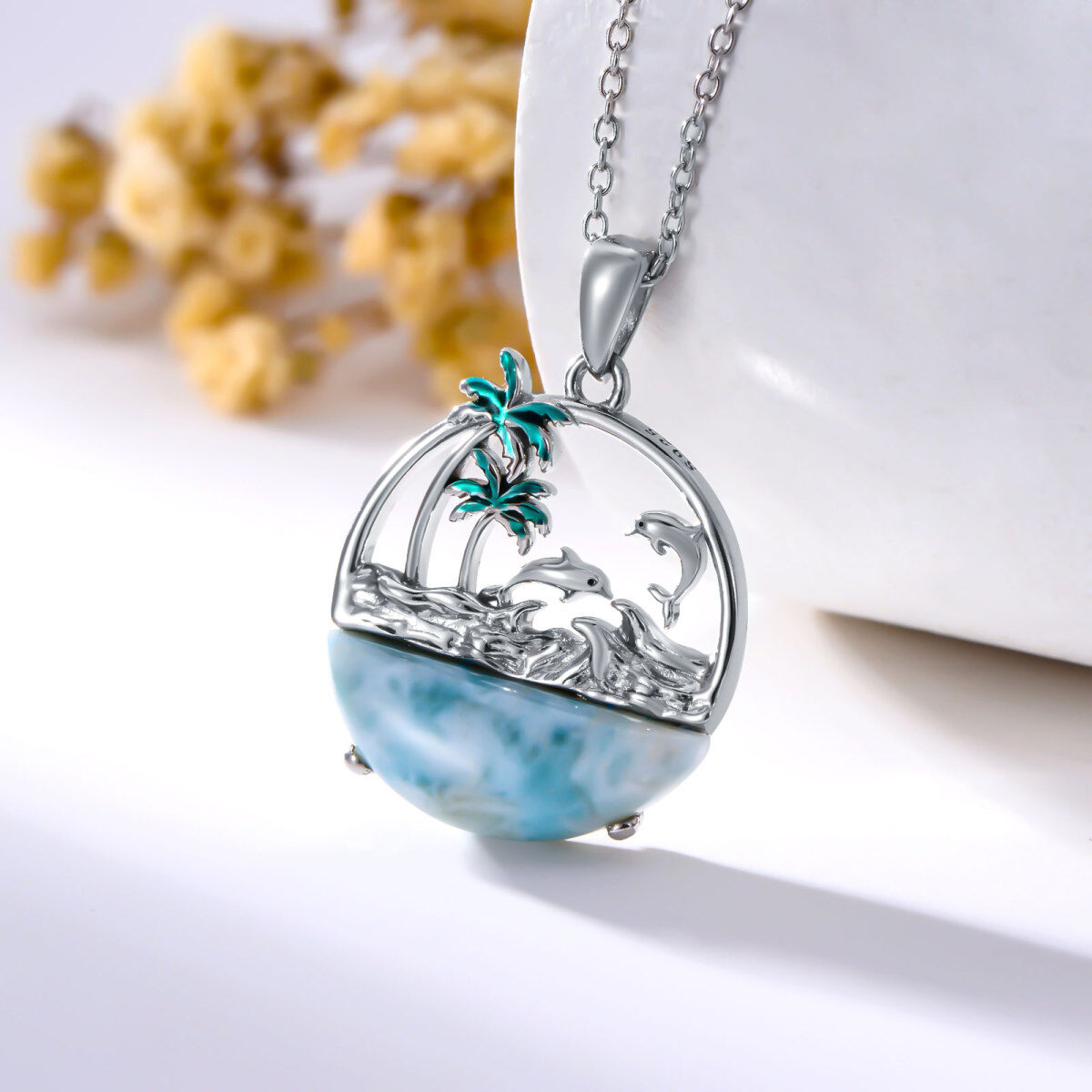 Sterling Silver Cubic Zirconia Dolphin & Coconut Tree Pendant Necklace-3