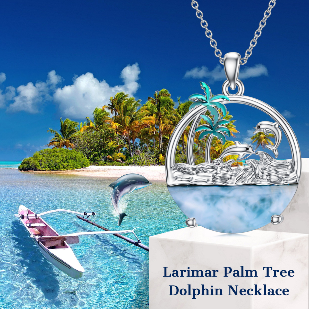 Sterling Silver Cubic Zirconia Dolphin & Coconut Tree Pendant Necklace-5