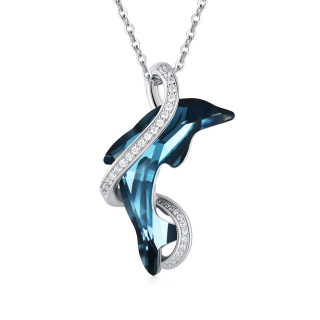 Sterling Silver Dolphin Crystal Pendant Necklace-8