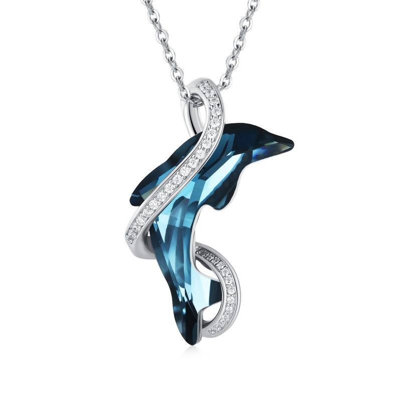 Sterling Silver Dolphin Crystal Pendant Necklace-20