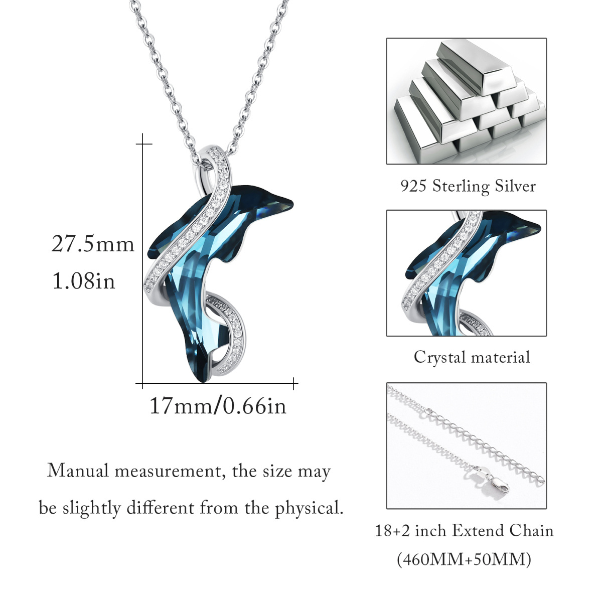 Colar com pingente de cristal de golfinho em prata de lei-4