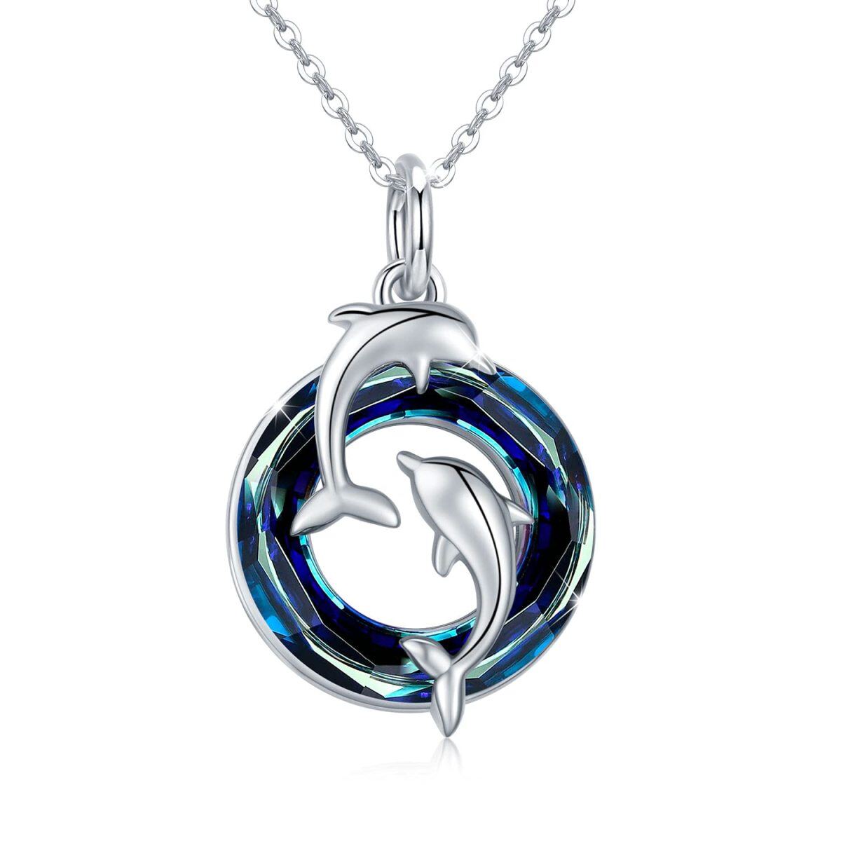 Colar de prata esterlina Dolphin Lovers com pingente de cristal de círculo azul-1