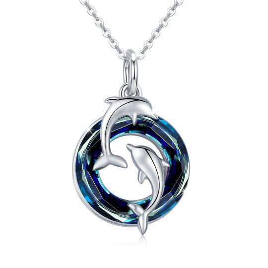 Collier en argent sterling avec pendentif Dolphin Lovers et cristal bleu en forme de cercle