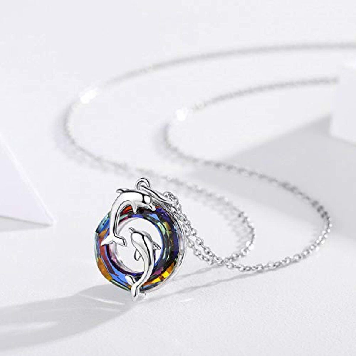 Sterling Silver Dolphin Lovers with Blue Circle Crystal Pendant Necklace-3