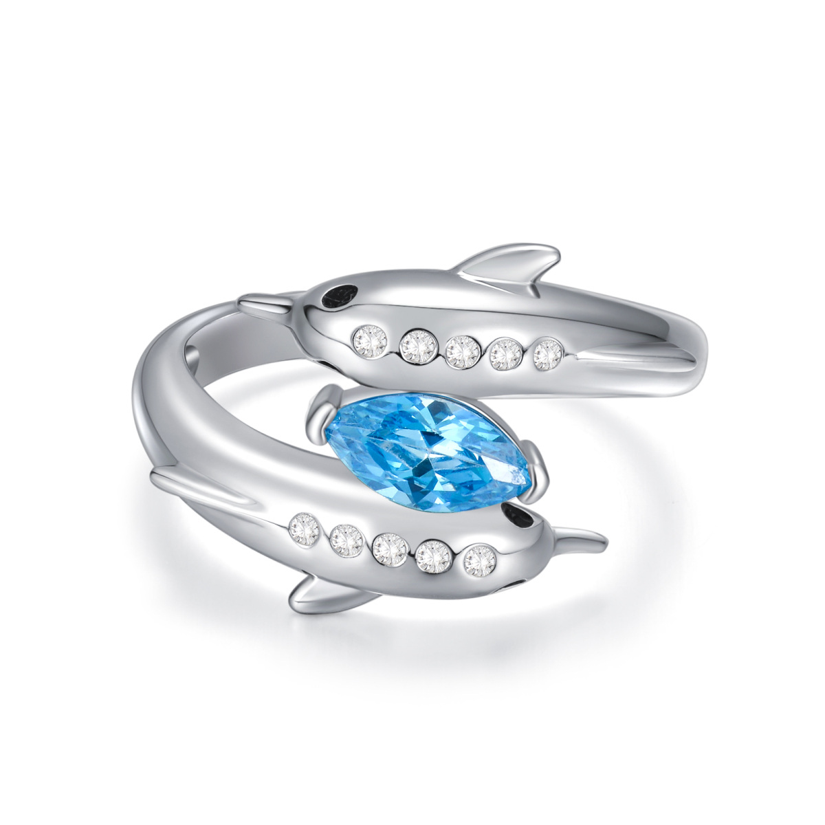 Sterling Silver Cubic Zirconia Dolphin Open Ring-1