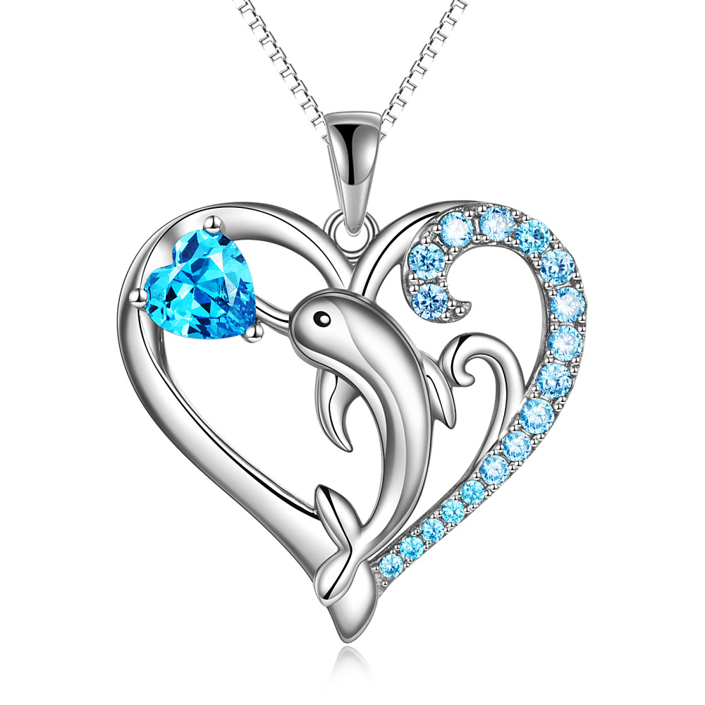 Sterling Silver Cubic Zirconia Dolphin & Spray Box Chain Necklace for Women-1
