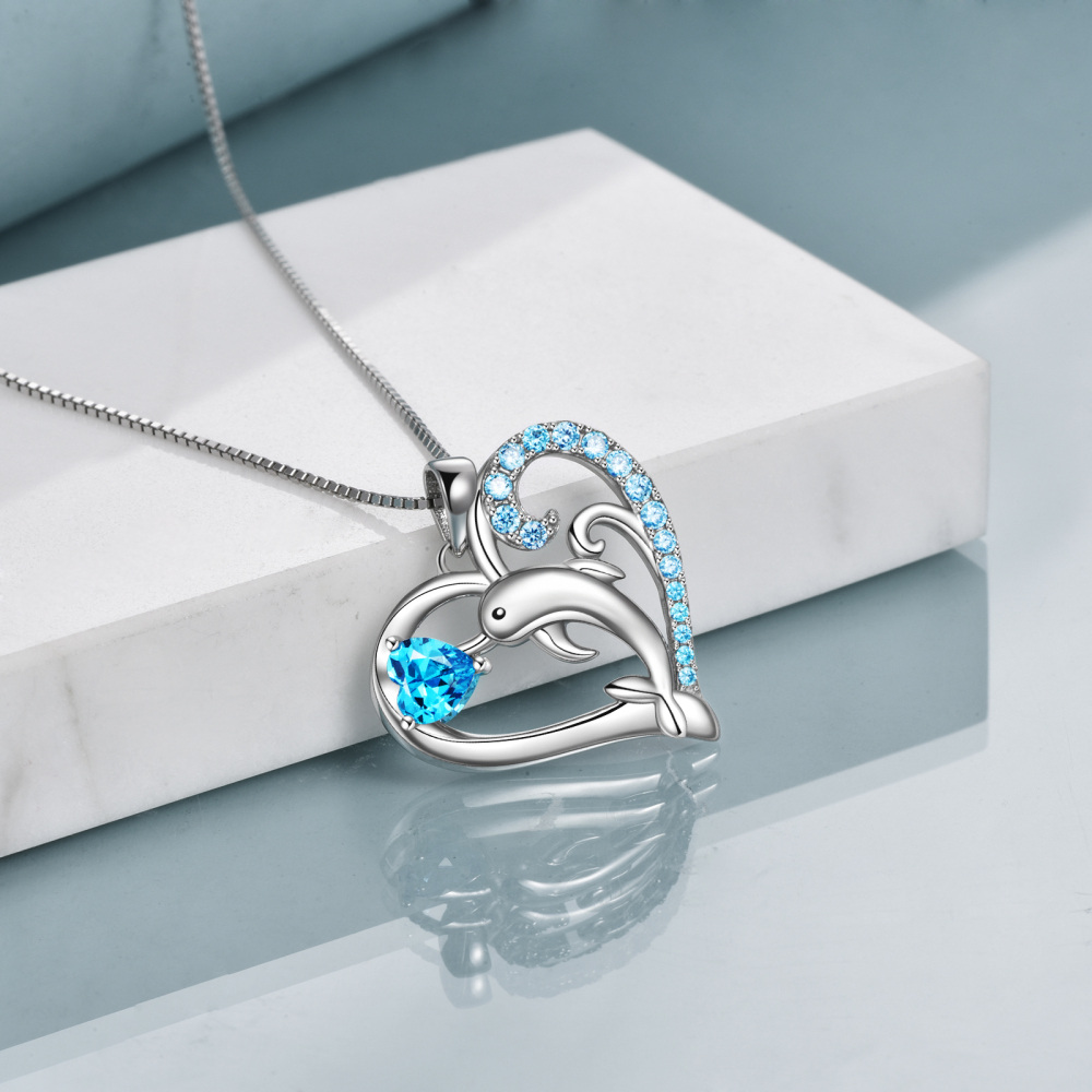Sterling Silver Cubic Zirconia Dolphin & Spray Box Chain Necklace for Women-3
