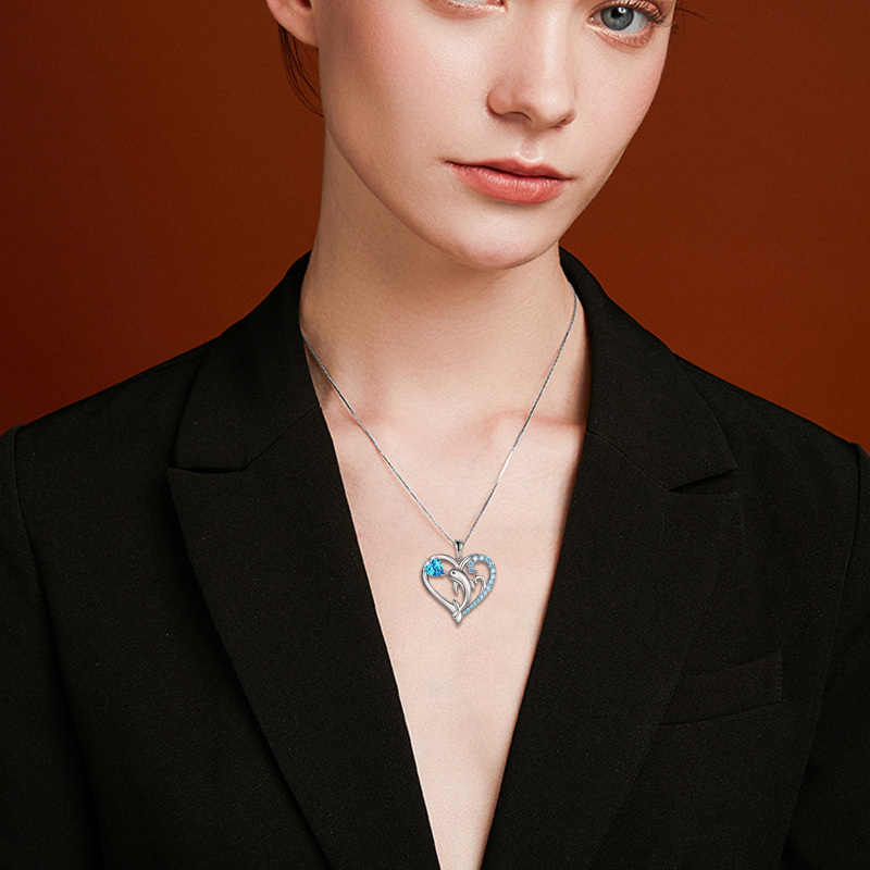 Sterling Silver Cubic Zirconia Dolphin & Spray Box Chain Necklace for Women-2