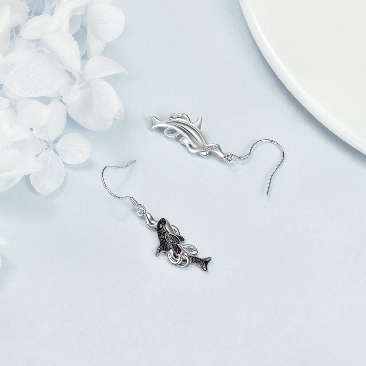 Sterling Silver Dolphin & Spray Drop Earrings for Women-4