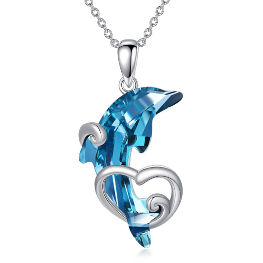 Collier en argent sterling avec pendentif dauphin. vague et coeur en cristal