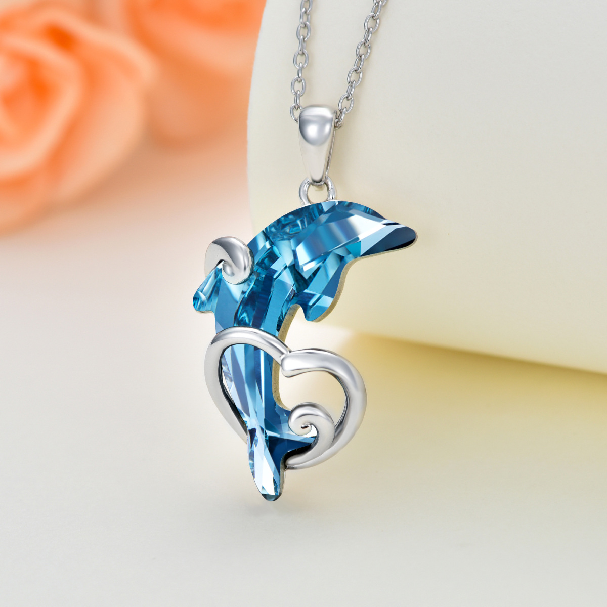 Sterling Silver Dolphin Wave & Heart Crystal Pendant Necklace-3