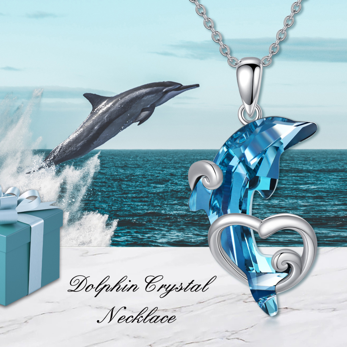 Collar de plata de ley con colgante de ola de delfín y corazón de cristal-6