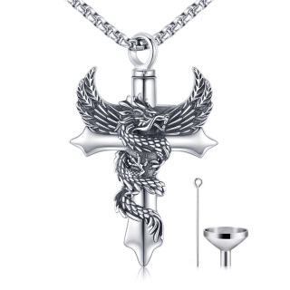 Sterling Silver Dragon With Angel Wing Cross Pendant Necklace For Men Women-40