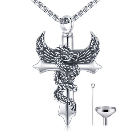 Sterling Silver Dragon & Angel Wing & Cross Pendant Necklace